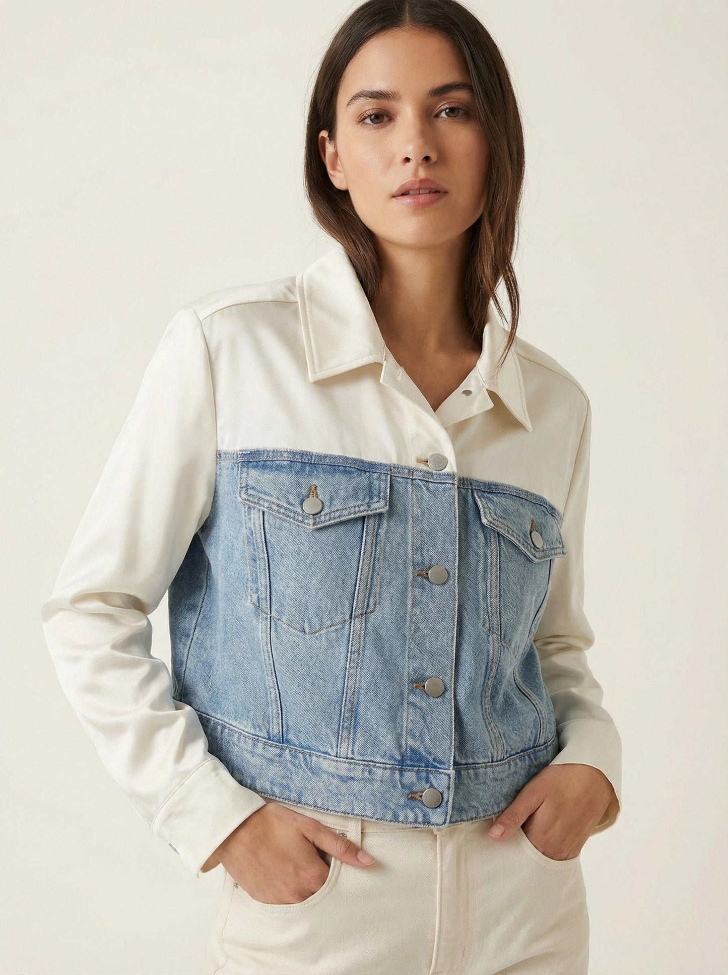 Express Satin Pieced Cropped Denim Jacket, Size Large